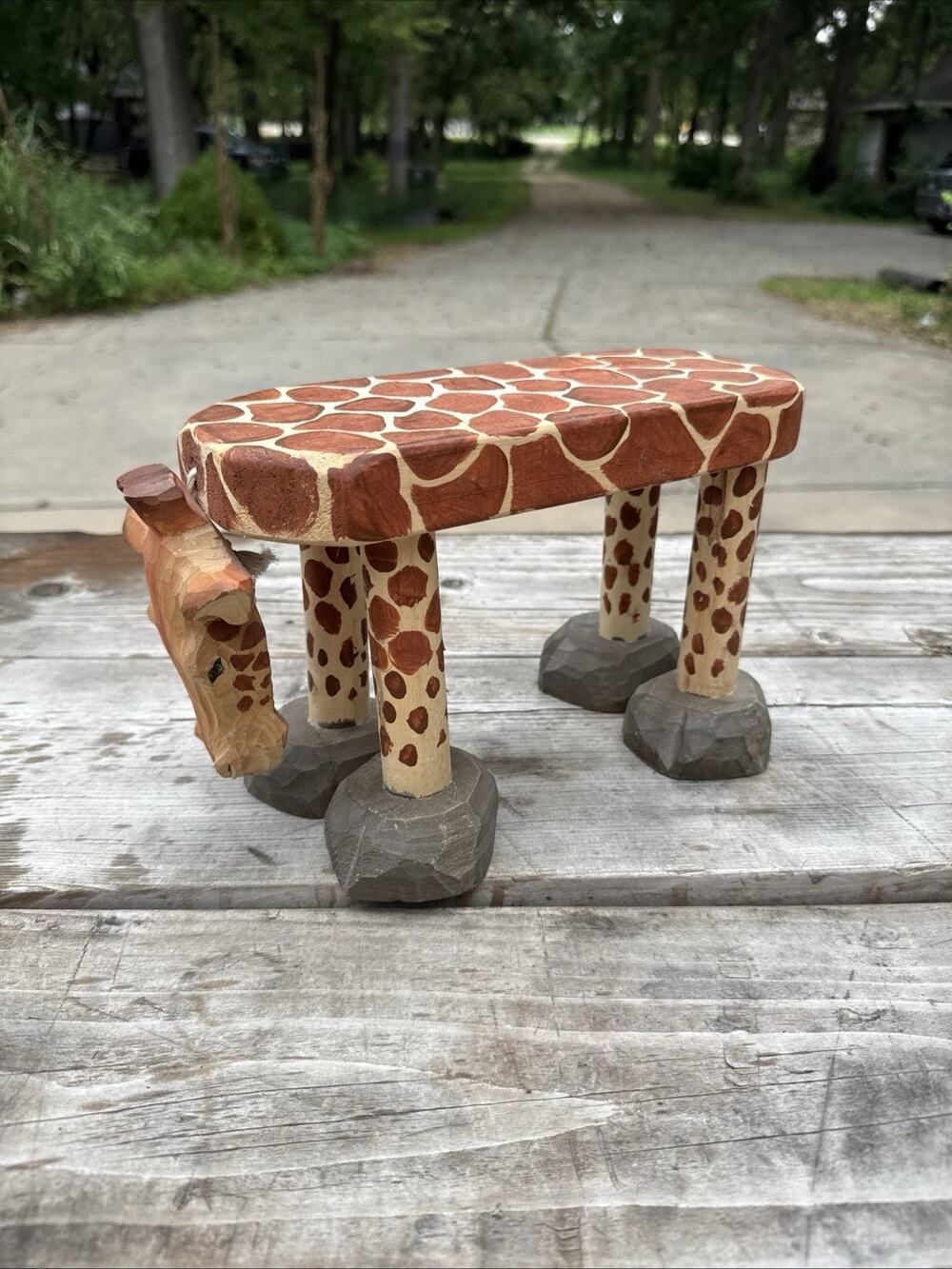 VTG Giraffe Animal Plant Stand Safari Decor Flat Top Small Stool Side Table Art
